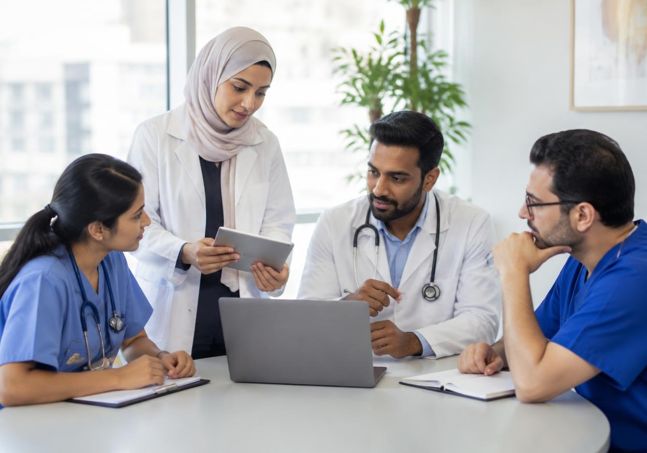 A clinical team discussing patient information on a tablet and laptop