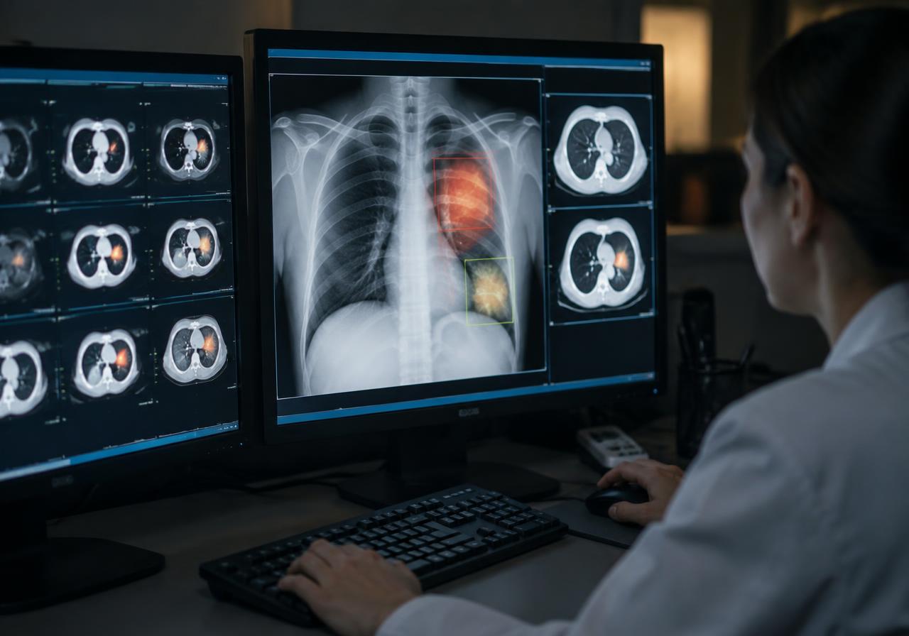 A clinician reviewing chest X-ray and CT images on a diagnostic workstation