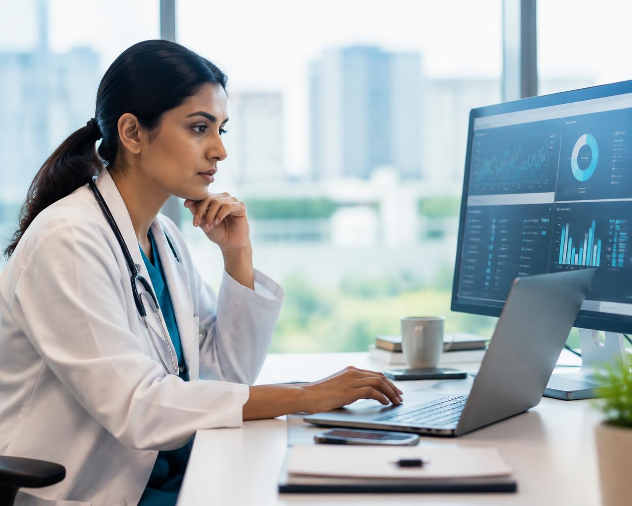 A doctor reviewing clinical data dashboards on a laptop and monitor